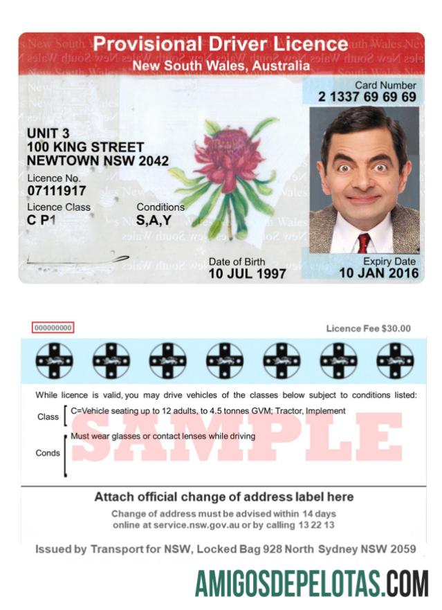 Carteira de habilitação provisória na Austrália e Nova Gales do Sul exemplo